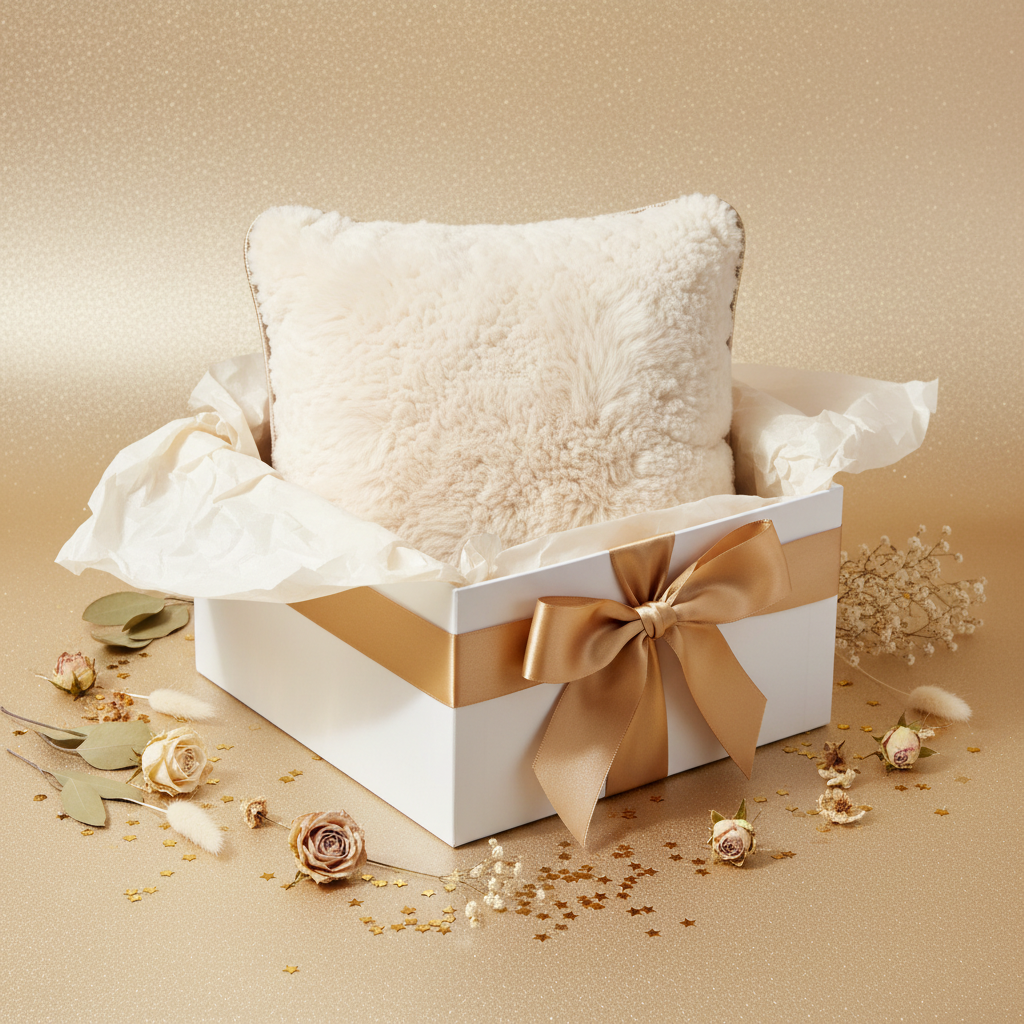 CloudNest cushion gift presentation on champagne gold background
