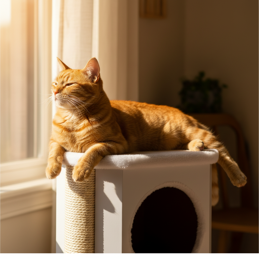 Orange cat lounging on NestScratch plush top perch by window