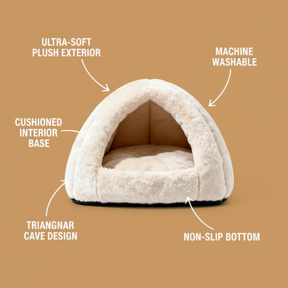 CozyDen cave bed feature infographic on caramel background