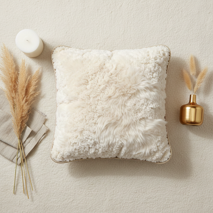 CloudNest cushion flat lay with premium home decor accessories on cream background