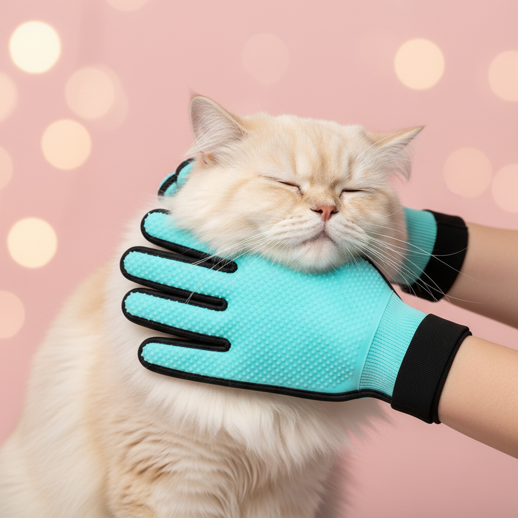FurSoft Pro gloves stroking Persian cat on pink background