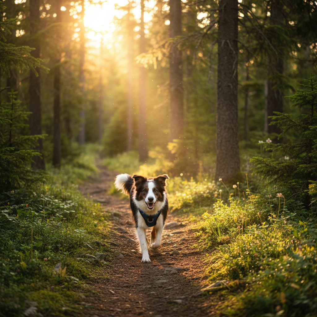 Border Collie wearing SafeStep harness hiking on mountain trail