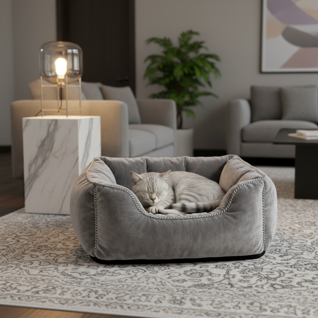 Silver-gray cat sleeping in VelvetThrone velvet bolster bed in modern living room