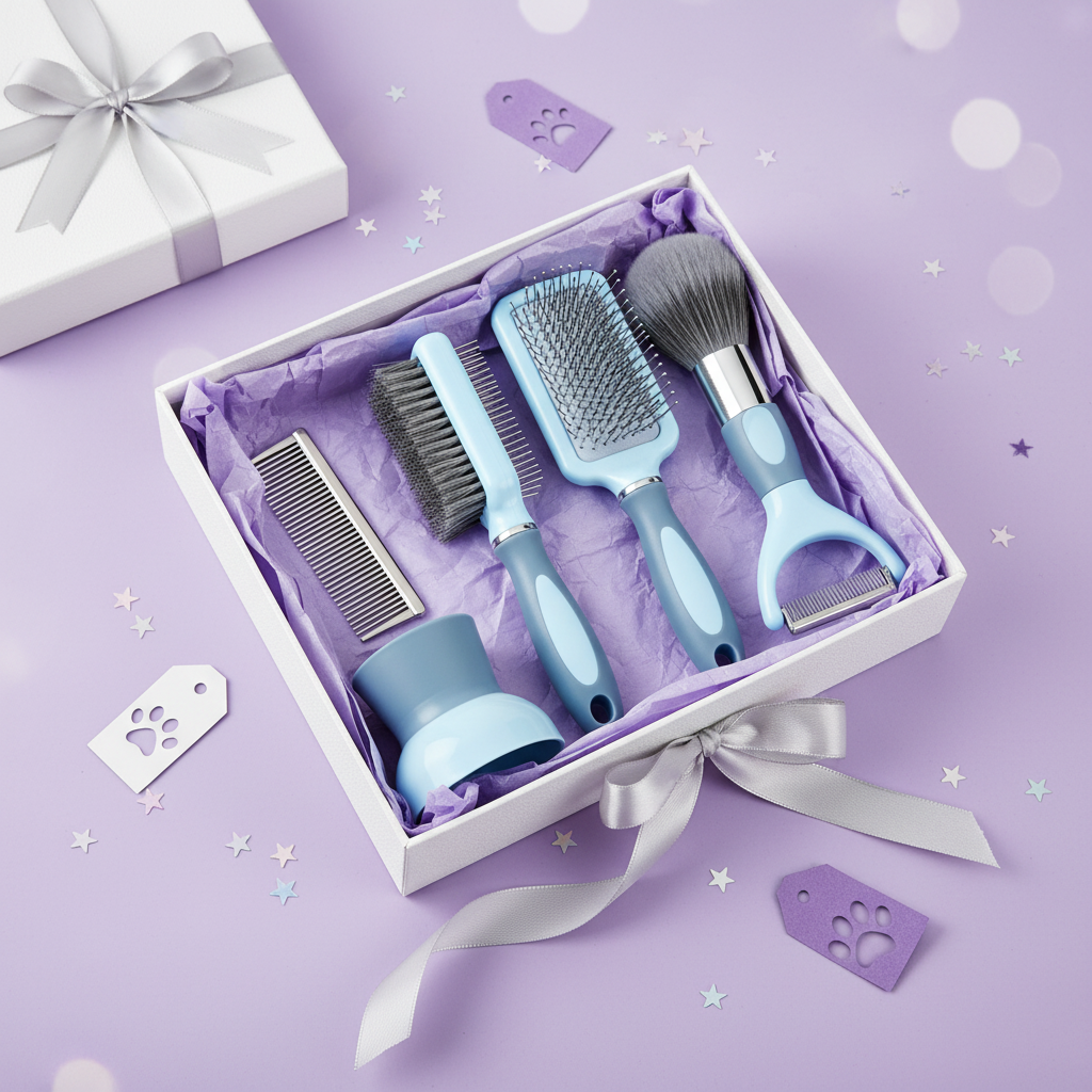 GroomPro grooming set gift presentation on lavender purple background