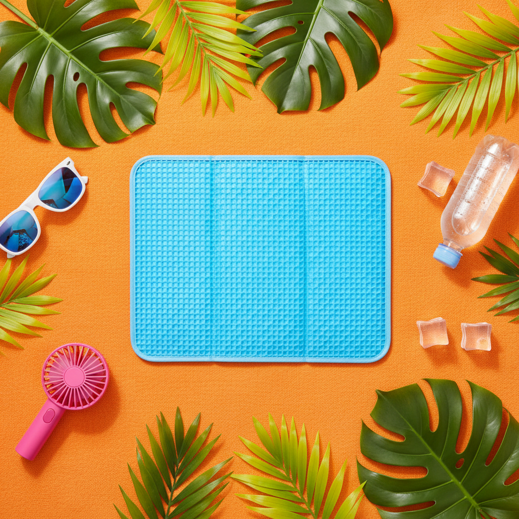 CoolPaw cooling mat flat lay with summer accessories on orange background