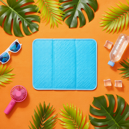 CoolPaw cooling mat flat lay with summer accessories on orange background