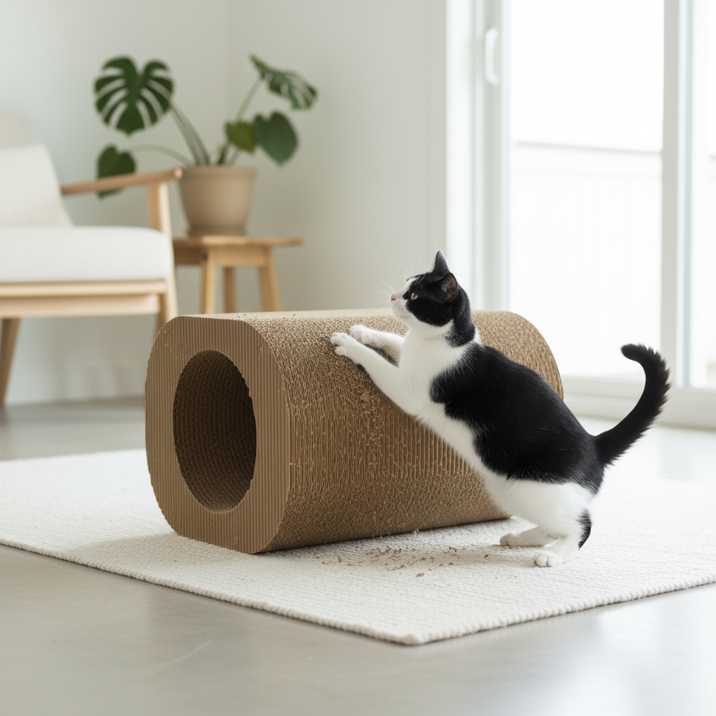 Black and white cat scratching the exterior of KraftDen cardboard cat house