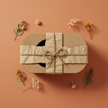 KraftDen cat house eco gift presentation on terracotta orange background
