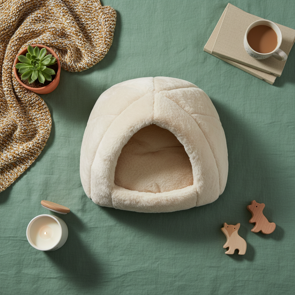 CozyDen cave bed flat lay with cozy home accessories on sage green background