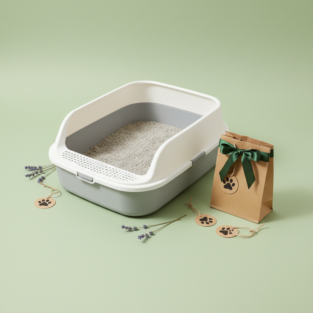 OpenAir litter box gift presentation on sage green background