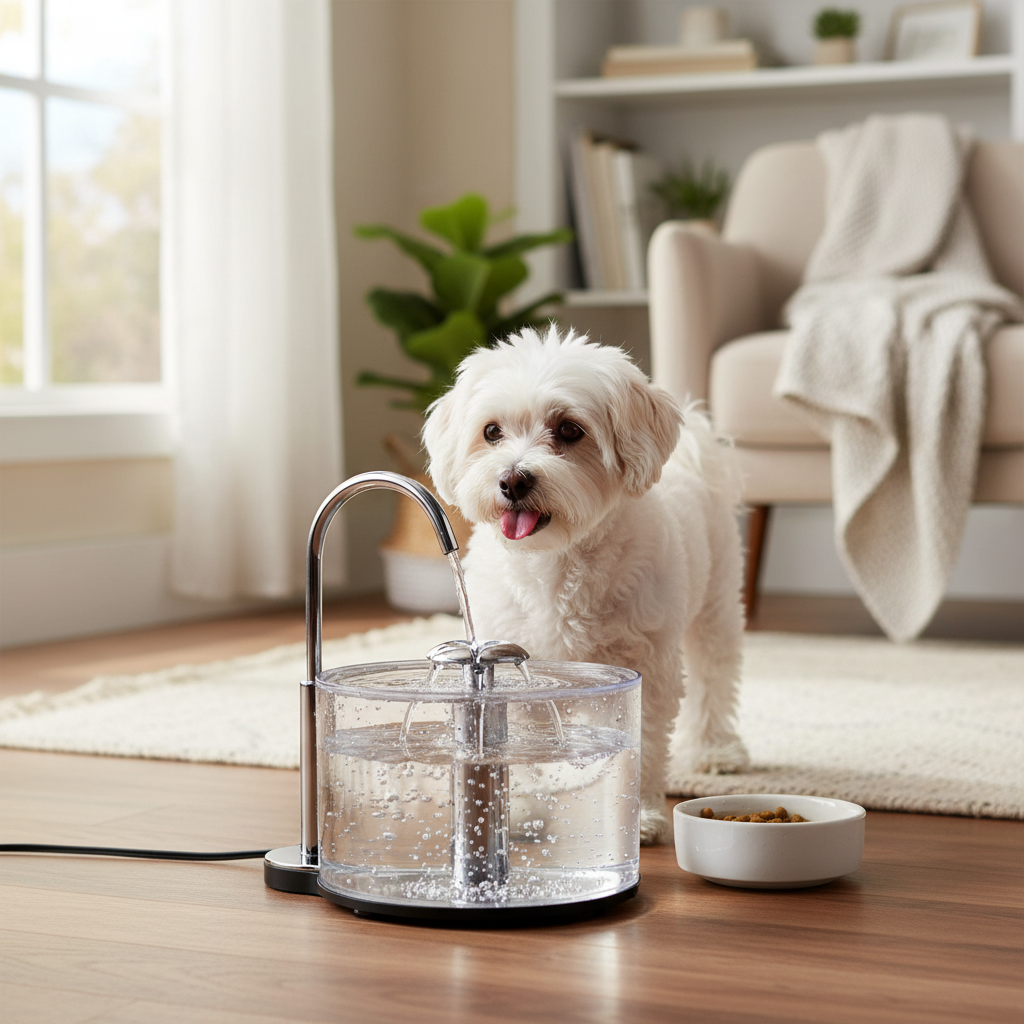 Small dog drinking from AquaFlow pet water fountain on home living room floor