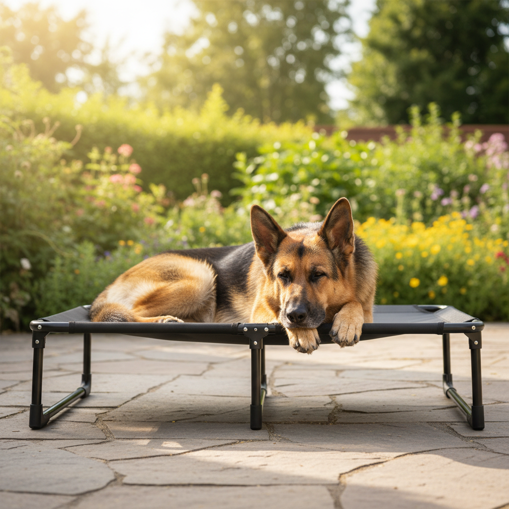 German Shepherd resting on TrailRest Pro cot bed on sunny patio