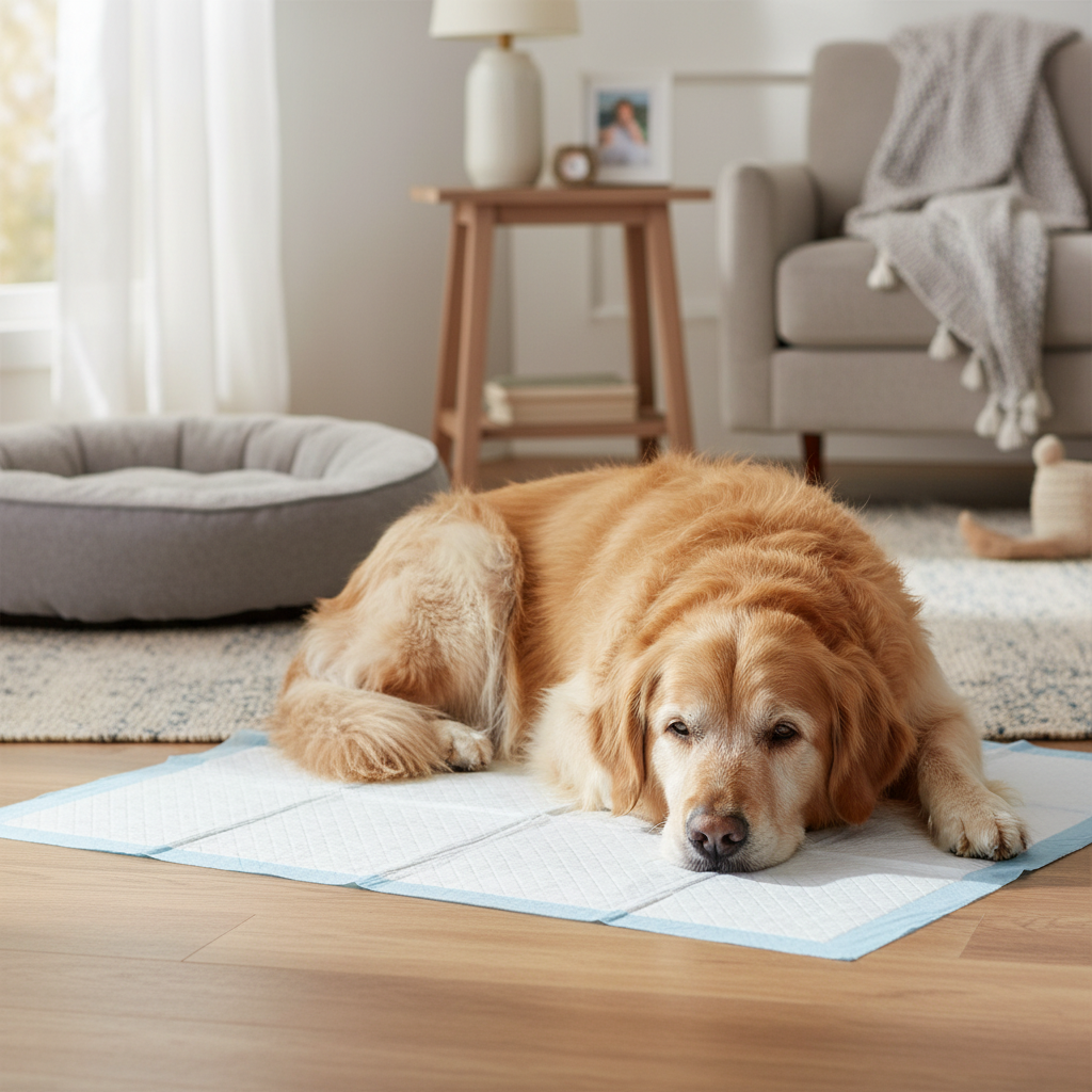 Senior dog resting on AbsorbMax training pad used as protective floor liner