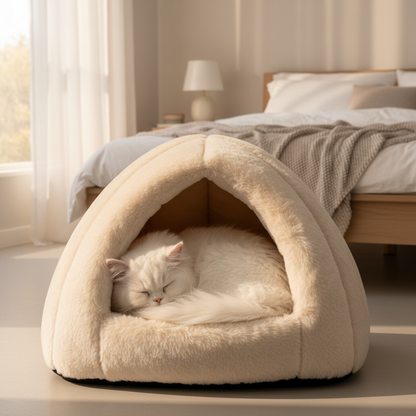 White Persian cat sleeping inside CozyDen cave bed