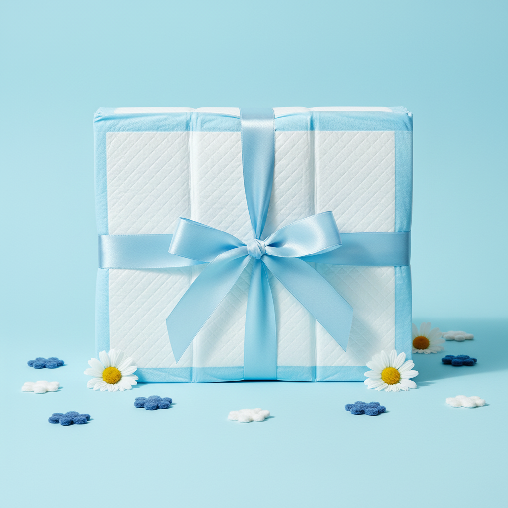 AbsorbMax pads gift presentation on sky blue background for new puppy owners