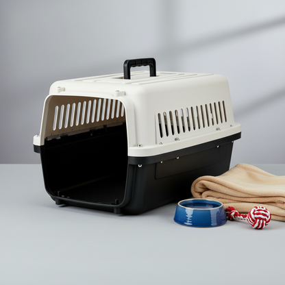 TravelSafe carrier open showing interior with blanket and bowl