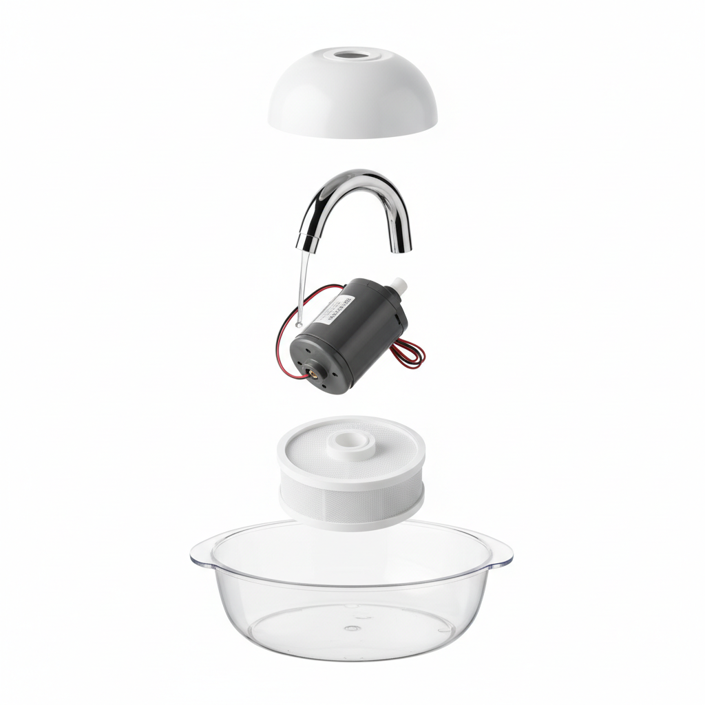 AquaFlow water fountain exploded view showing all components separated for cleaning