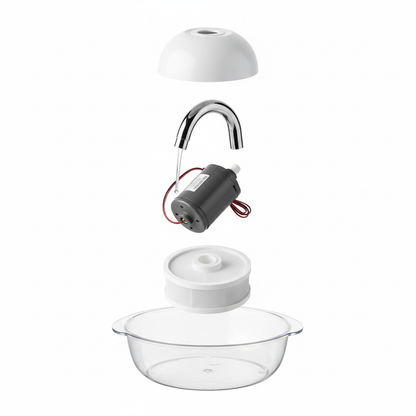 AquaFlow water fountain exploded view showing all components separated for cleaning