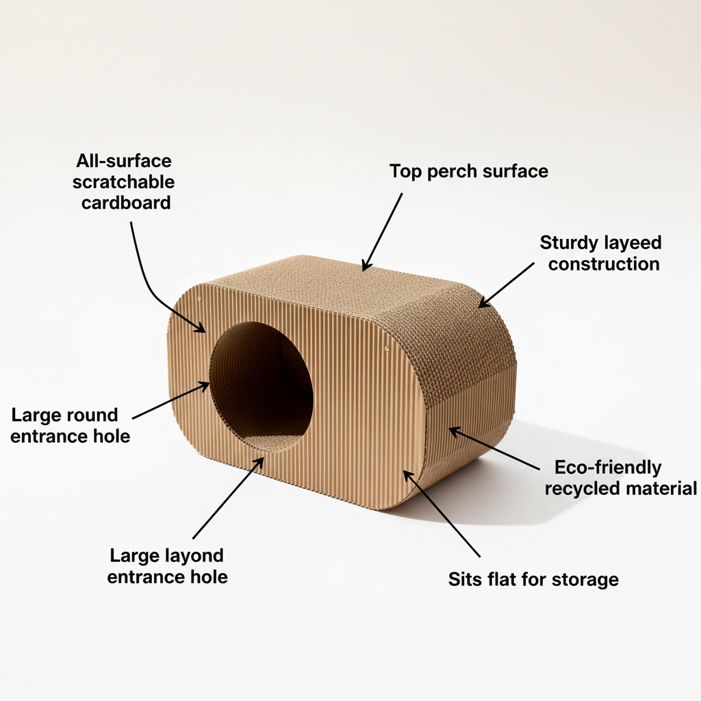 KraftDen feature infographic on warm white background with labeled callouts
