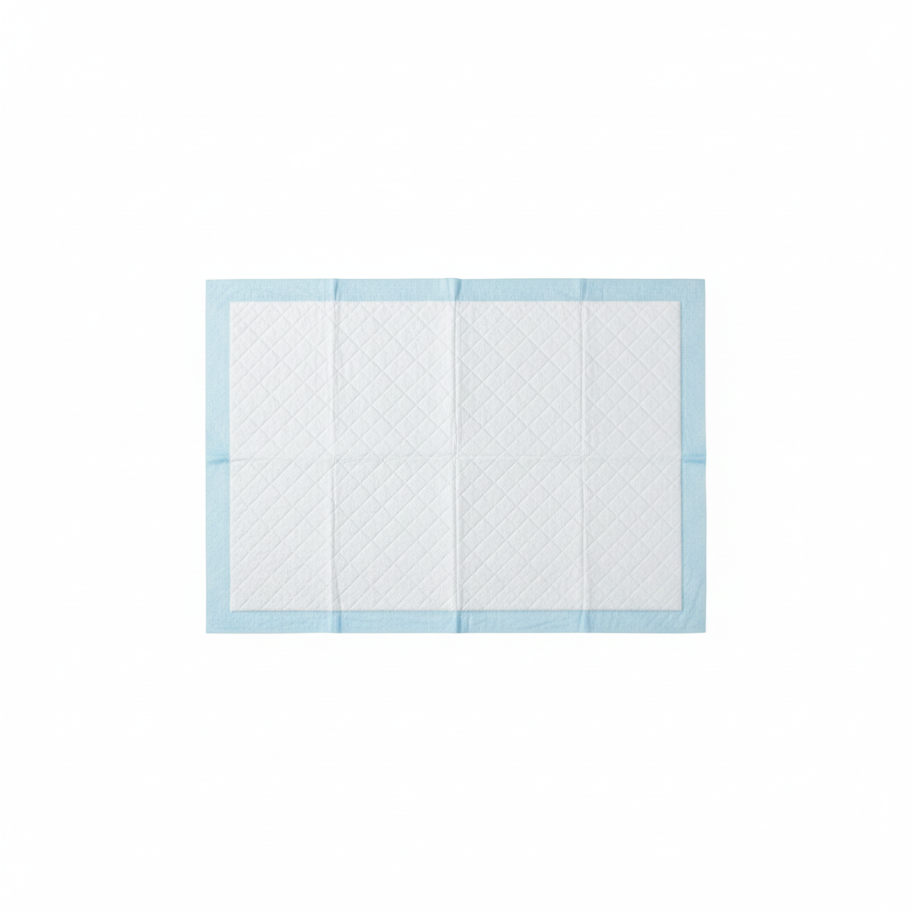 Single AbsorbMax training pad laid flat top-down showing quilted surface and blue border