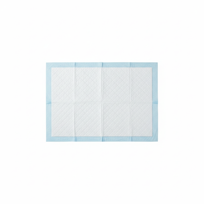 Single AbsorbMax training pad laid flat top-down showing quilted surface and blue border