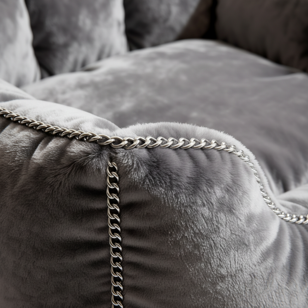 VelvetThrone silver chain link trim and crushed velvet texture close-up detail