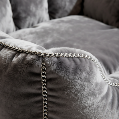 VelvetThrone silver chain link trim and crushed velvet texture close-up detail