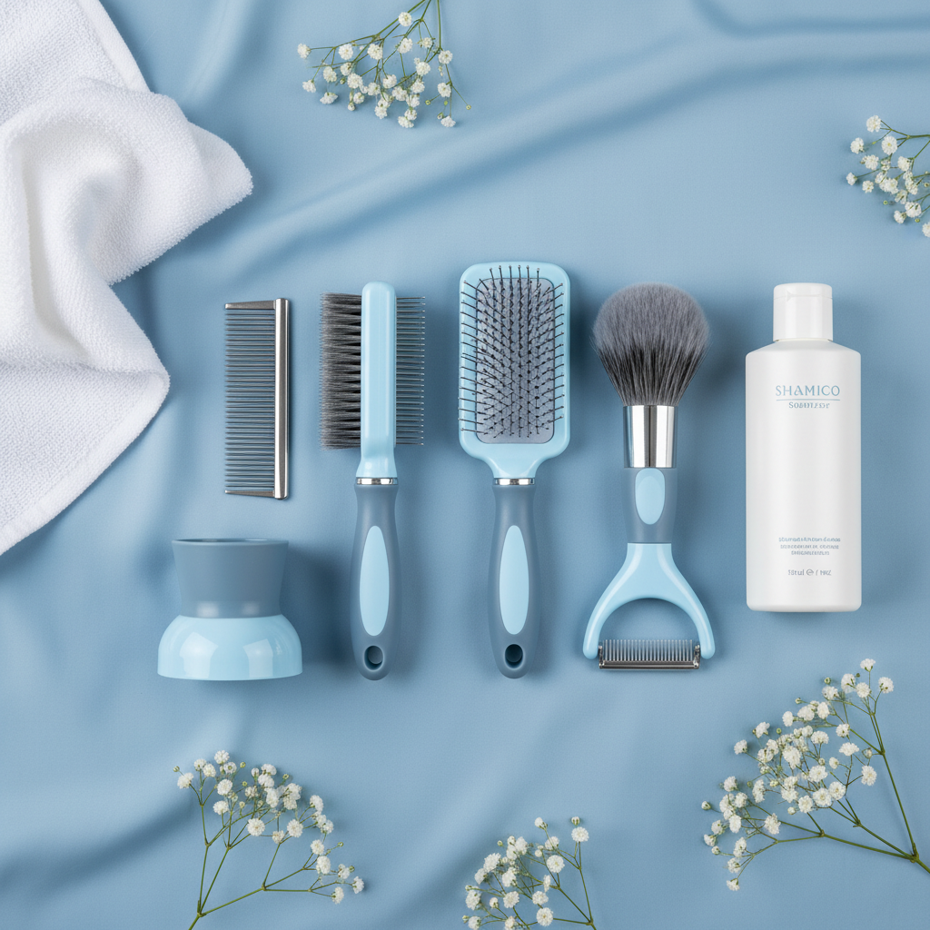 GroomPro grooming set flat lay with spa accessories on powder blue background