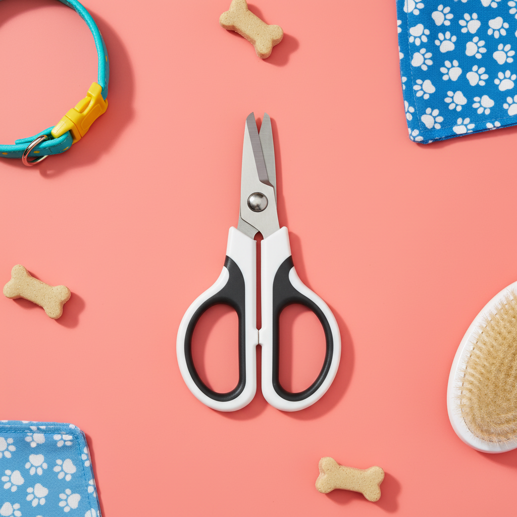 PawCut Pro flat lay with pet accessories on coral background