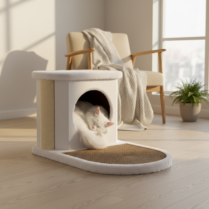 White fluffy cat sleeping inside NestScratch wooden hideout house