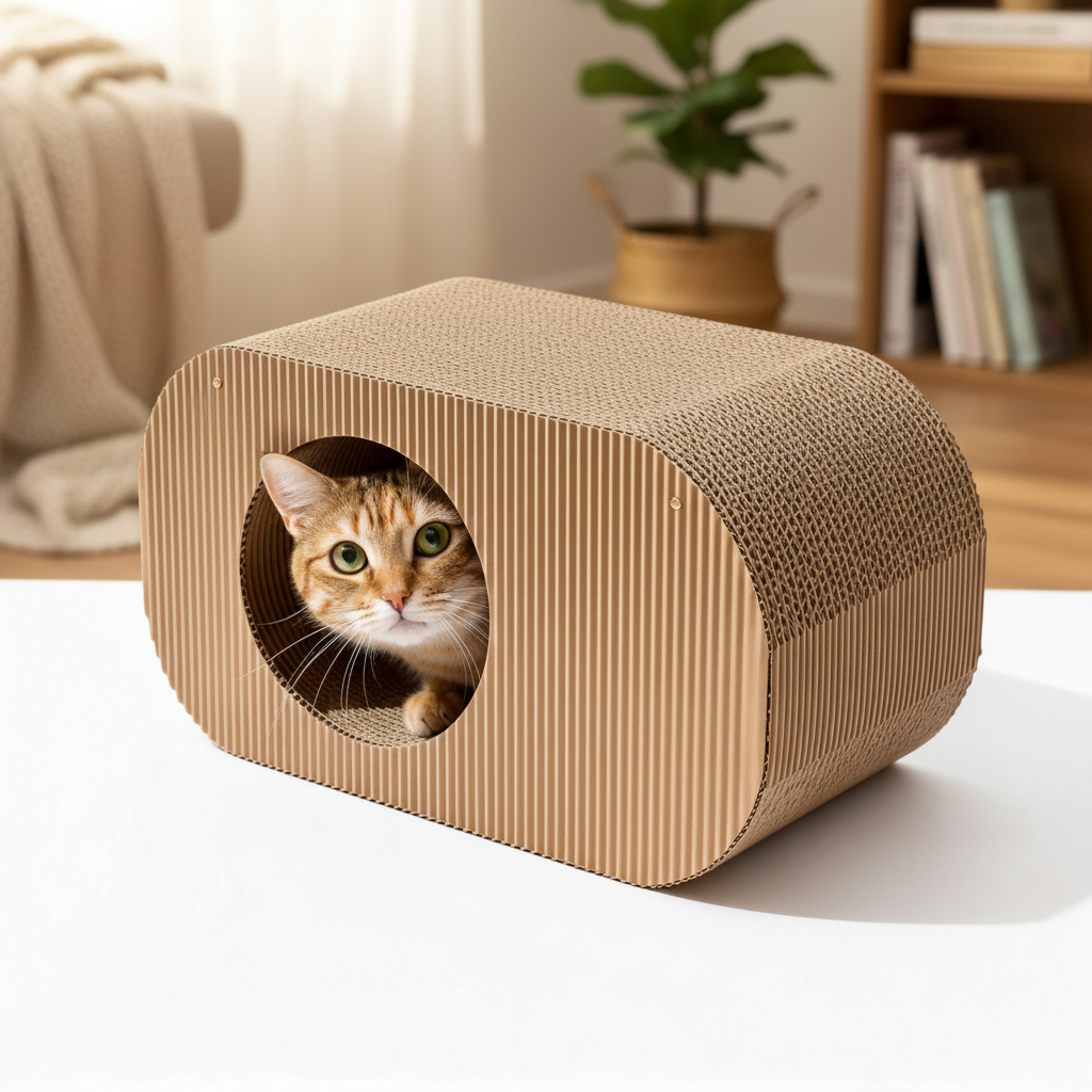 Tabby cat peeking out from inside KraftDen cardboard cat tunnel entrance