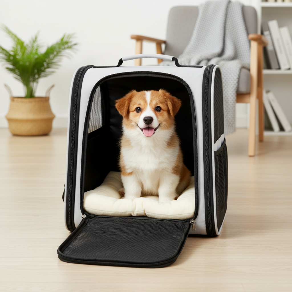 PawVenture Pro open showing spacious interior with puppy inside