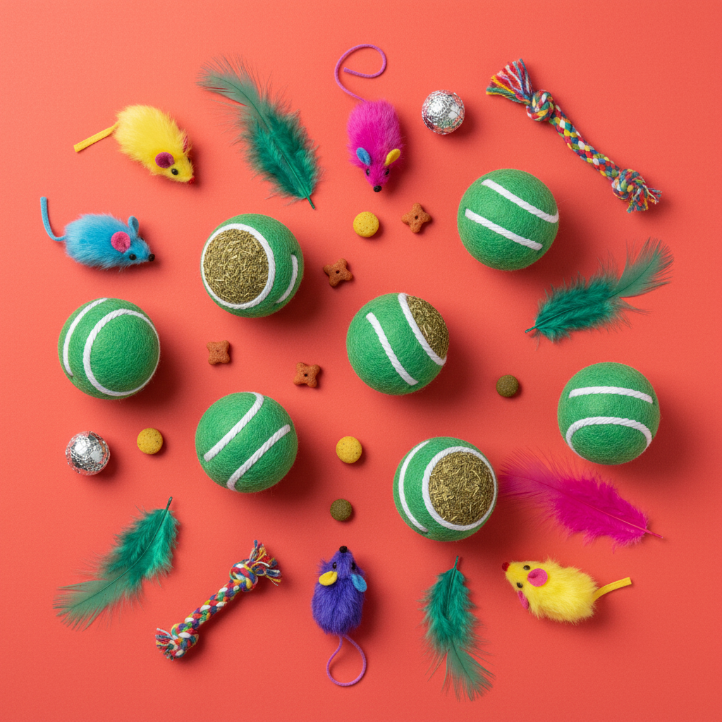 NipPlay catnip balls flat lay with cat toys on coral red background