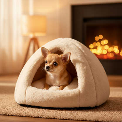 Small dog peeking out from CozyDen igloo cave bed