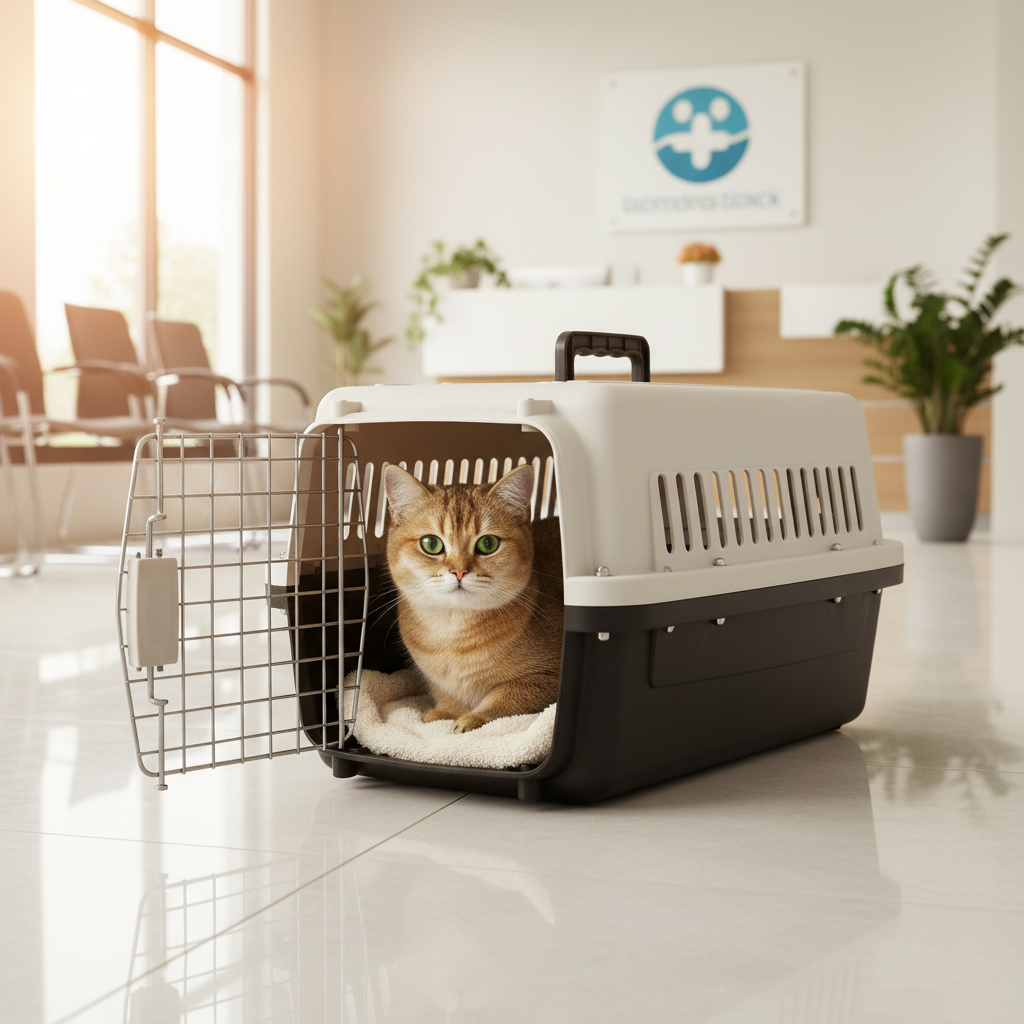 Golden cat sitting inside TravelSafe carrier at veterinary clinic