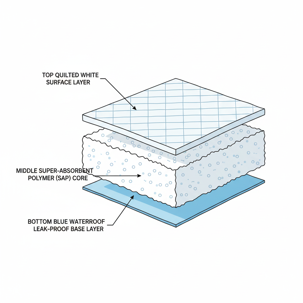 AbsorbMax pad cross-section showing 5-layer construction with SAP core and waterproof base