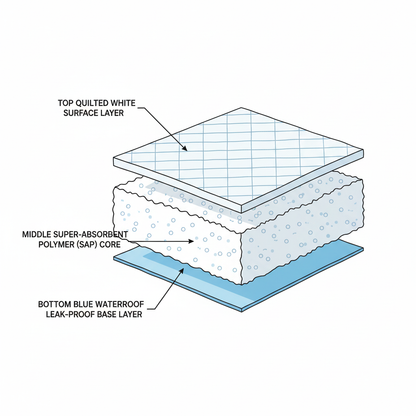 AbsorbMax pad cross-section showing 5-layer construction with SAP core and waterproof base