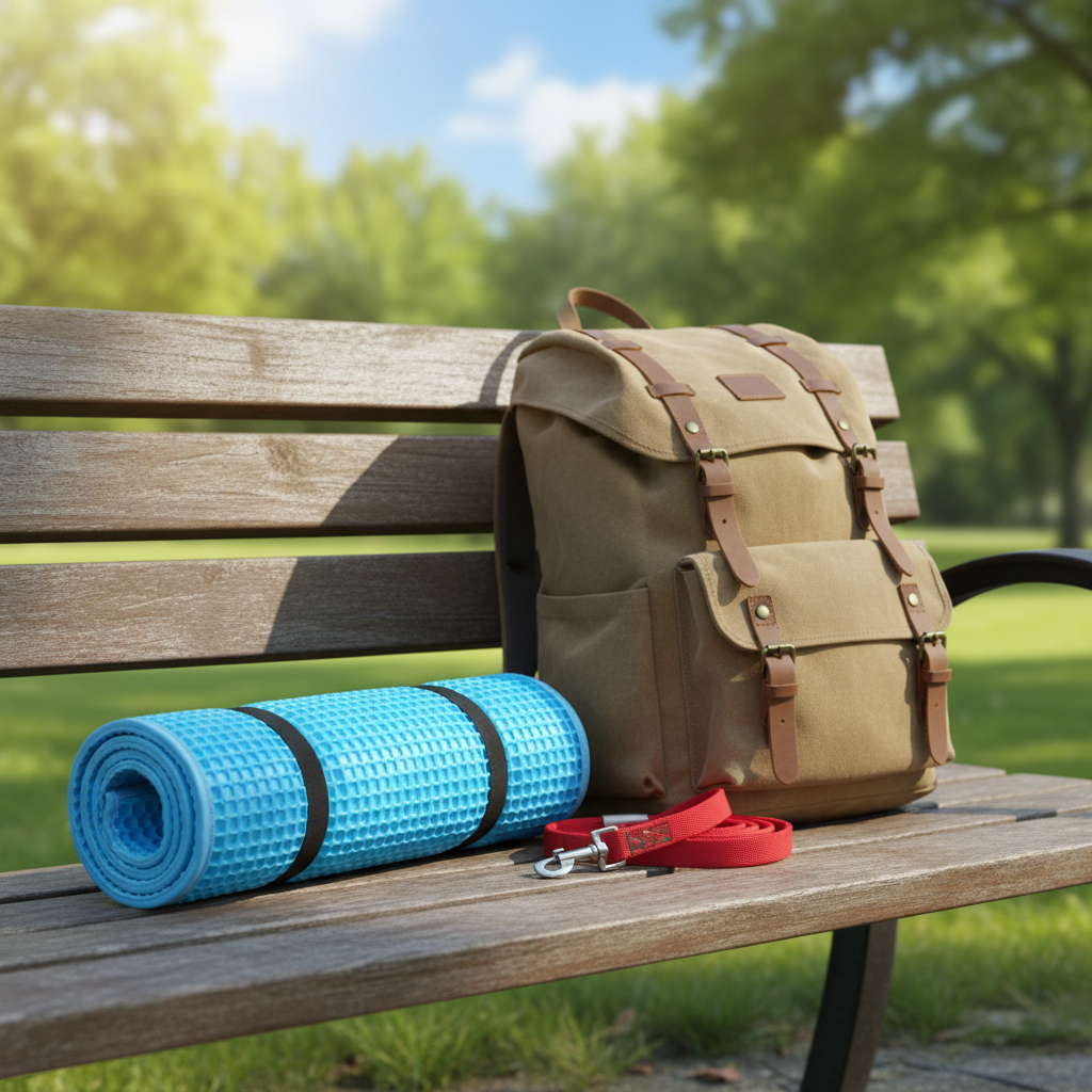 CoolPaw cooling mat rolled up for outdoor travel in park setting