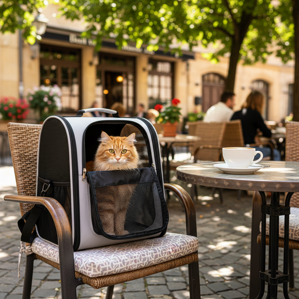 PawVenture Pro at outdoor cafe with cat peeking out