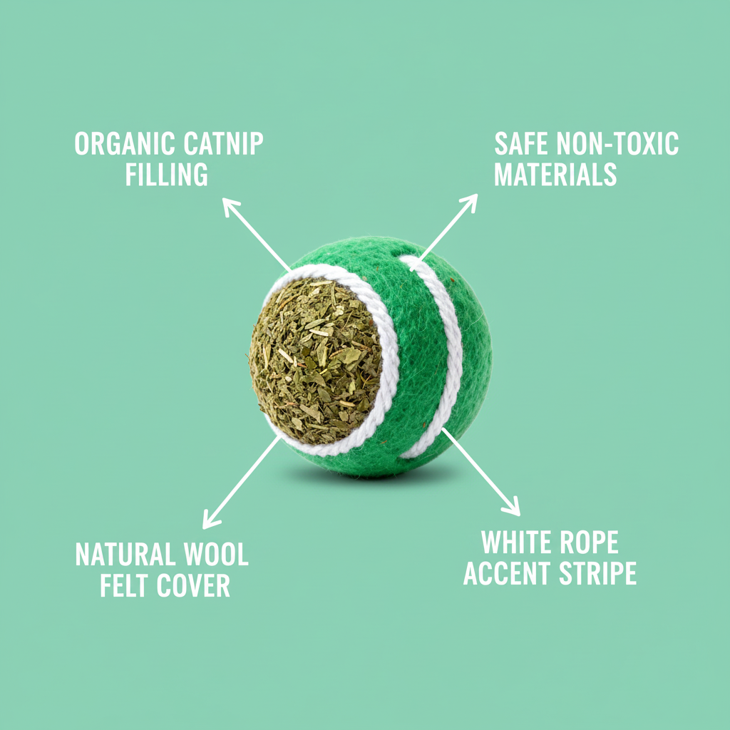 NipPlay catnip ball feature infographic on mint green background