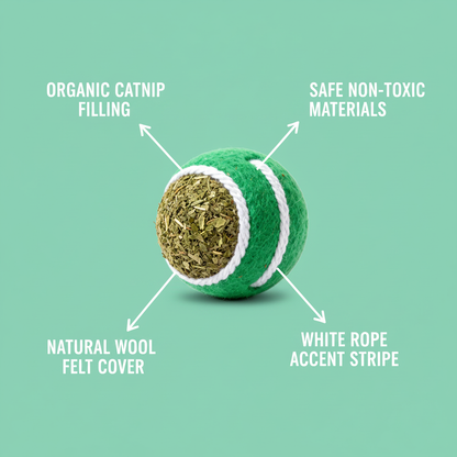 NipPlay catnip ball feature infographic on mint green background