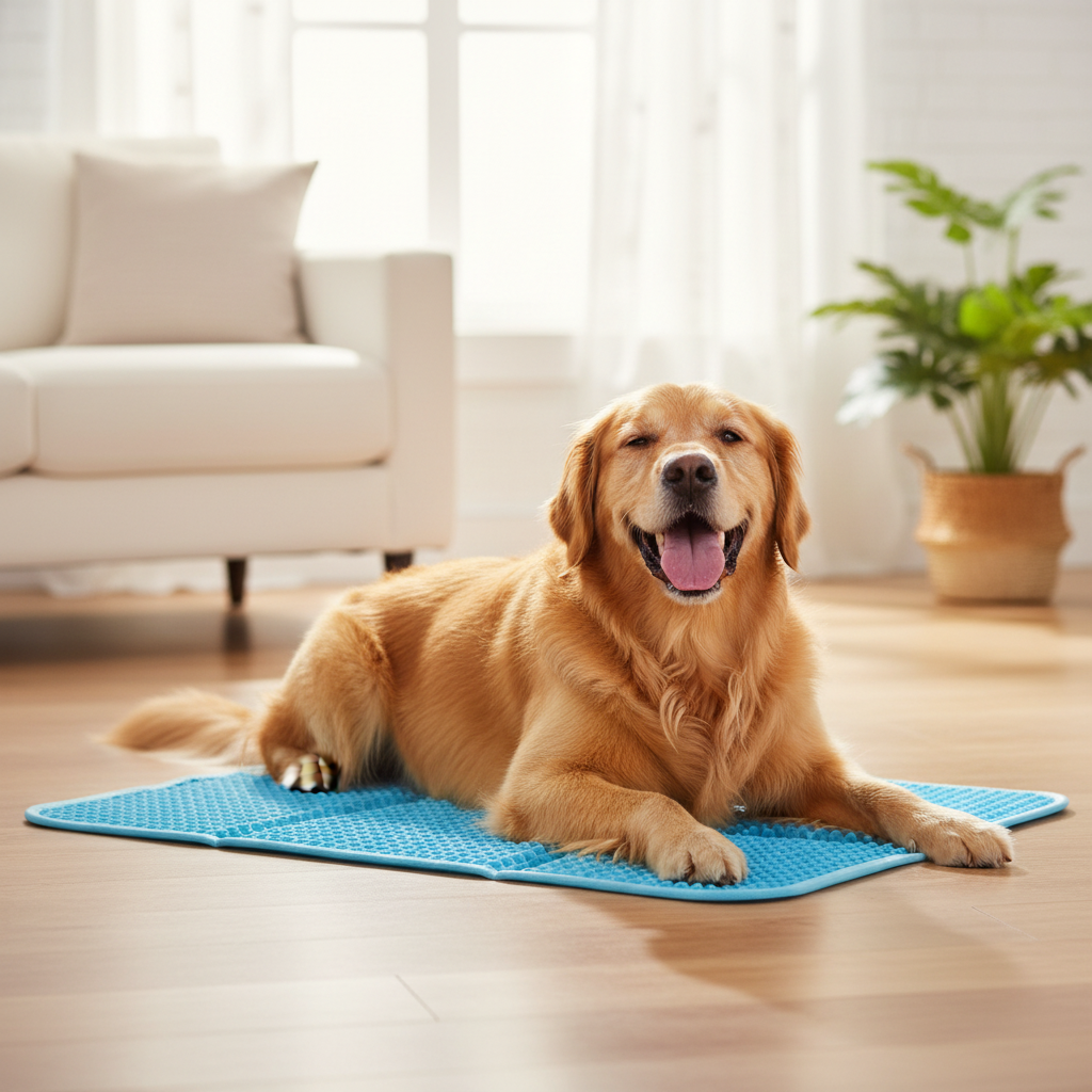 Golden retriever lying on CoolPaw cooling mat on sunny floor