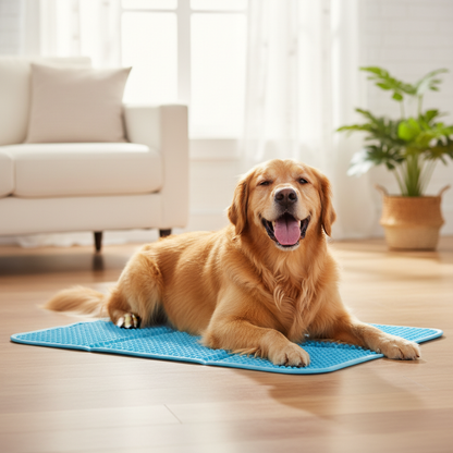 Golden retriever lying on CoolPaw cooling mat on sunny floor