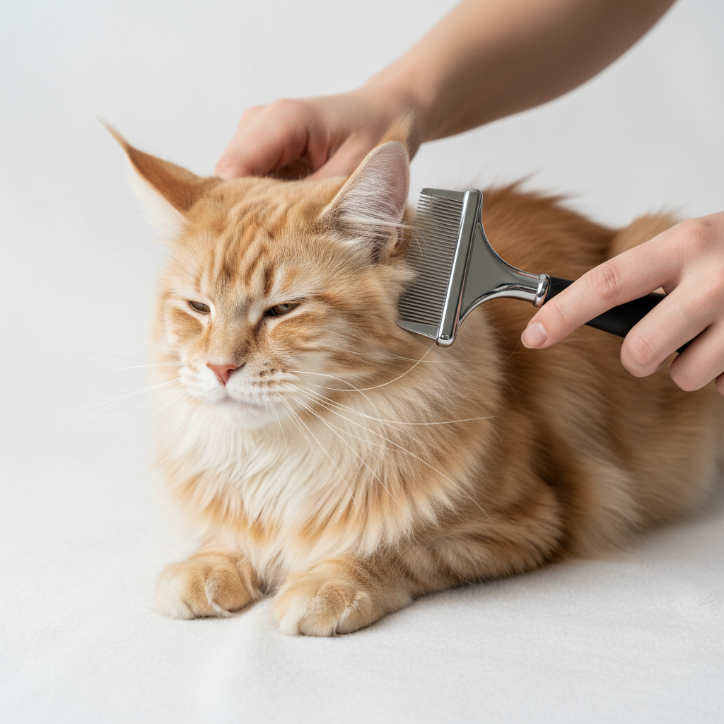 Person combing Maine Coon cat with ComboSet Pro fine-tooth comb