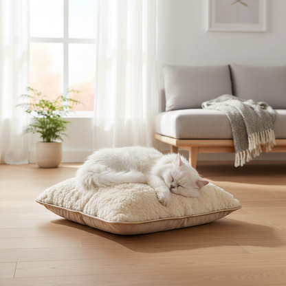 White Persian cat sleeping on CloudNest faux fur cushion in Scandinavian living room