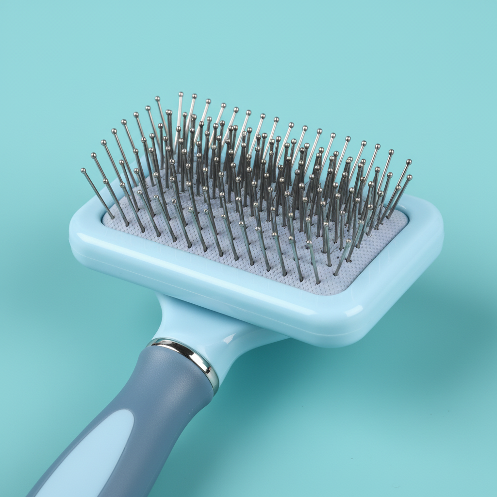 GroomPro pin brush steel tips close-up on aqua blue background