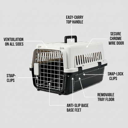 TravelSafe carrier feature infographic on light gray background