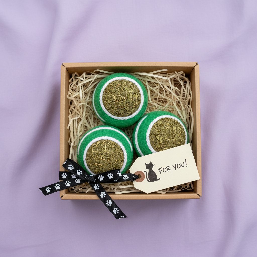 NipPlay catnip ball gift set on lavender background
