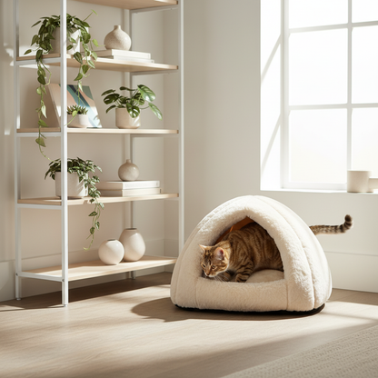CozyDen cave bed in modern apartment with tabby cat