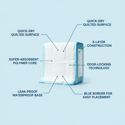 AbsorbMax pet pads feature infographic on light blue background